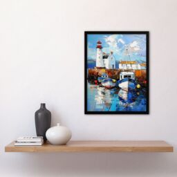 "Artery8 Scottish Harbour Oil Painting Lighthouse Rustic Framed Art Print in Blue - Size: W12"" x H16""" - thumbnail 4