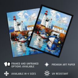 "Artery8 Scottish Harbour Oil Painting Lighthouse Rustic Framed Art Print in Blue - Size: W12"" x H16""" - thumbnail 2