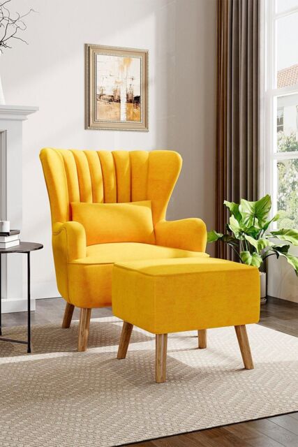 H&O Direct Faux Wool Upholstered Armchair & Footstool in Yellow - image 1