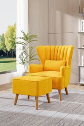 H&O Direct Faux Wool Upholstered Armchair & Footstool in Yellow - thumbnail 2