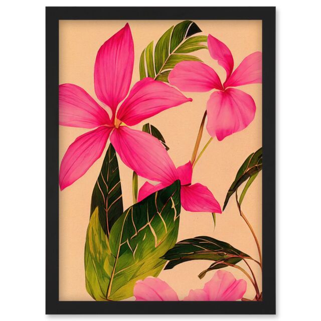 Artery8 Exotic Pink Plumeria Flower Plant Blooms Watercolour Pencil Illustration Artwork Framed Wall Art Print A4 in Black - image 1