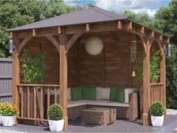 Dunster House Corner Wooden Gazebo with Roof Shingles 3m x 3m - Leviathan in Brown - thumbnail 2