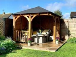 Dunster House Corner Wooden Gazebo with Roof Shingles 3m x 3m - Leviathan in Brown - thumbnail 3