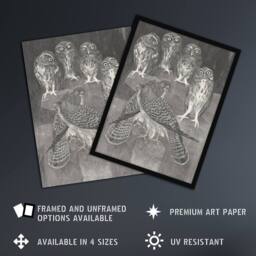 "Artery8 Four Owls & Two Kestrels Vintage Framed Wall Art Print van Hoytema in Grey - Size: W12"" x H16""" - thumbnail 2