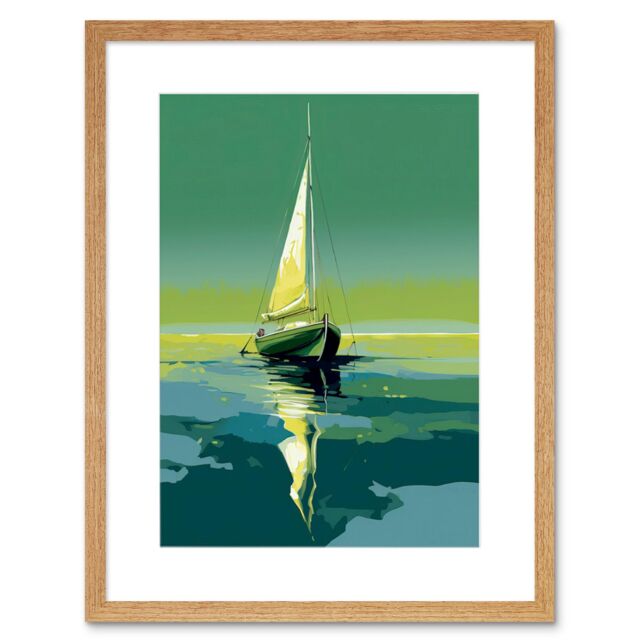 "Artery8 Wall Art Print A Sailboat on a Calm Sea Under a Cloudless Sky Artwork Framed 9X7 Inch in Beige - Size: W7"" x H9""" - image 1