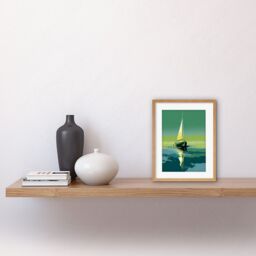 "Artery8 Wall Art Print A Sailboat on a Calm Sea Under a Cloudless Sky Artwork Framed 9X7 Inch in Beige - Size: W7"" x H9""" - thumbnail 2