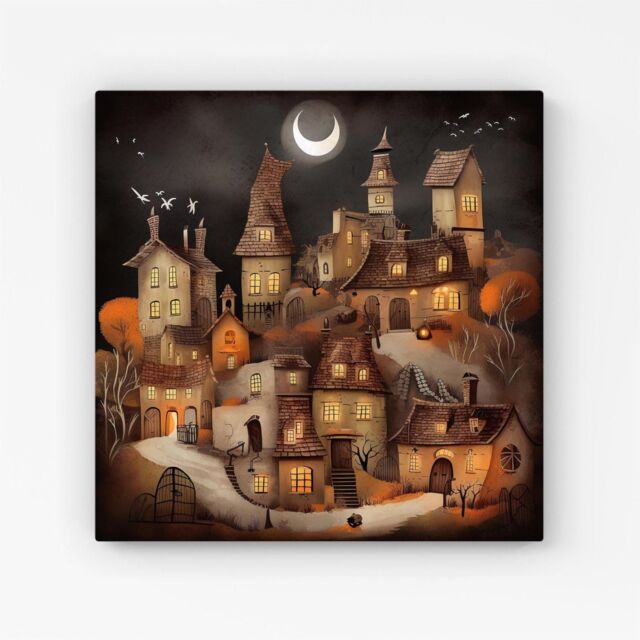 "Warren Reed - Designer Spooky Halloween Village Canvas in Orange - Size: W16"" x H16""" - image 1