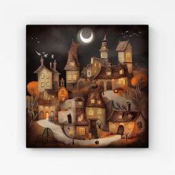 "Warren Reed - Designer Spooky Halloween Village Canvas in Orange - Size: W16"" x H16""" - thumbnail 1