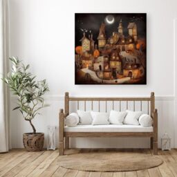 "Warren Reed - Designer Spooky Halloween Village Canvas in Orange - Size: W16"" x H16""" - thumbnail 3