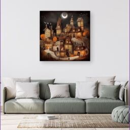 "Warren Reed - Designer Spooky Halloween Village Canvas in Orange - Size: W16"" x H16""" - thumbnail 4