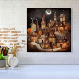 "Warren Reed - Designer Spooky Halloween Village Canvas in Orange - Size: W16"" x H16""" - thumbnail 2