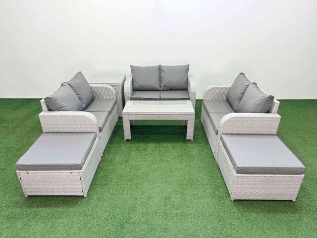Fimous 8 Seater PE Wicker Rattan Furniture Sofa Sets with Oblong Coffee Table 2 Seater Love Sofa 2 Big Footstool Side Table Light Grey - image 1