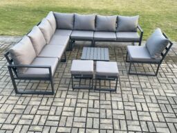 Fimous 10 Seater Patio Outdoor Garden Furniture Aluminium Lounge Corner Sofa Set with Square Coffee Table 2 Small Footstools Dark Grey - thumbnail 2