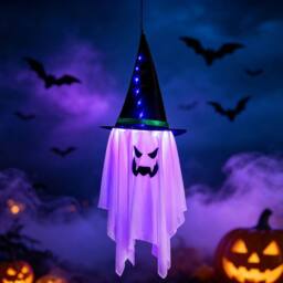 Lovii LED Light Up Hanging Ghost with Witch Hat Halloween Party Porch Purple - thumbnail 1