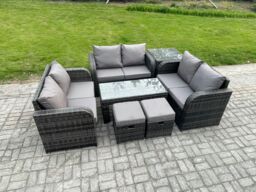 Fimous 8 Seater Rattan Garden Furniture Set Indoor Outdoor Patio Sofa Set w/ Coffee Table Love seat Sofa Side Table 2 Small Footstools Dark Grey Mixed - thumbnail 2