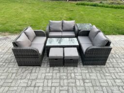 Fimous 8 Seater Rattan Garden Furniture Set Indoor Outdoor Patio Sofa Set w/ Coffee Table Love seat Sofa Side Table 2 Small Footstools Dark Grey Mixed - thumbnail 1