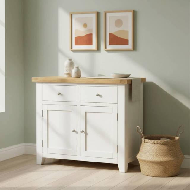 Home Source Melbourne 2 Drawer 2 Doors Sideboard Solid Wooden Cabinet Oak Top in White - image 1