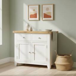Home Source Melbourne 2 Drawer 2 Doors Sideboard Solid Wooden Cabinet Oak Top in White - thumbnail 1