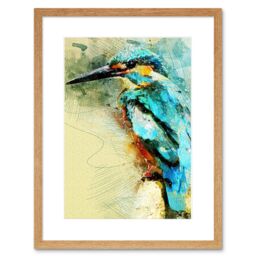 "Artery8 Wall Art Print Kingfisher Bird Painting Framed in Beige - Size: W7"" x H9""" - thumbnail 1