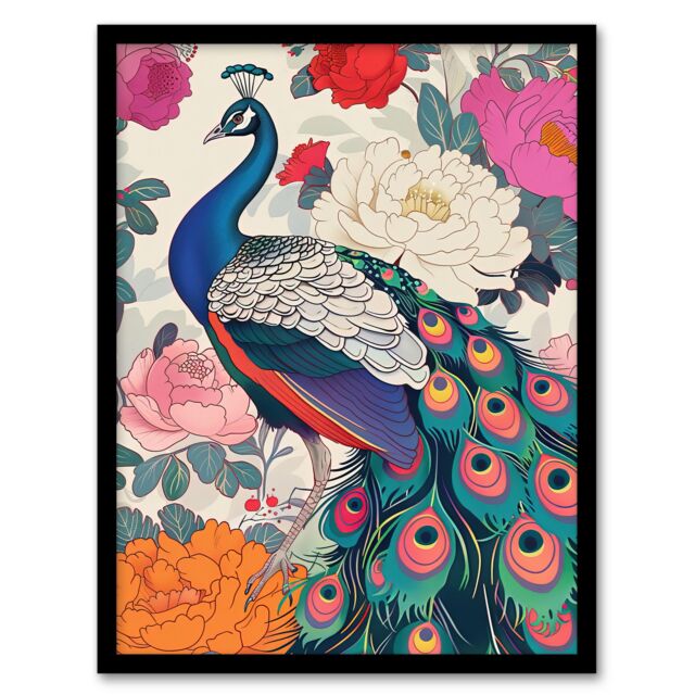 Artery8 Peacock Bird with Peony Flower Pattern Design Framed Art Print in Pink - Size: A4 - image 1