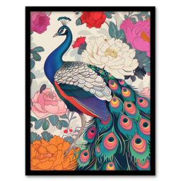 Artery8 Peacock Bird with Peony Flower Pattern Design Framed Art Print in Pink - Size: A4 - thumbnail 1