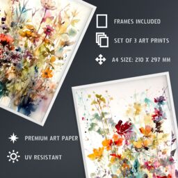 Artery8 3 A4 Wildflowers Colourful Watercolour Floral Artworks Spring Flower Field Wall Art & Frame Set in White - thumbnail 2