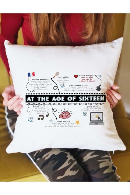 Afewhometruths 16th Birthday Fun Facts Cushion Gift in Off-White - Size: 40 cm x 40 cm