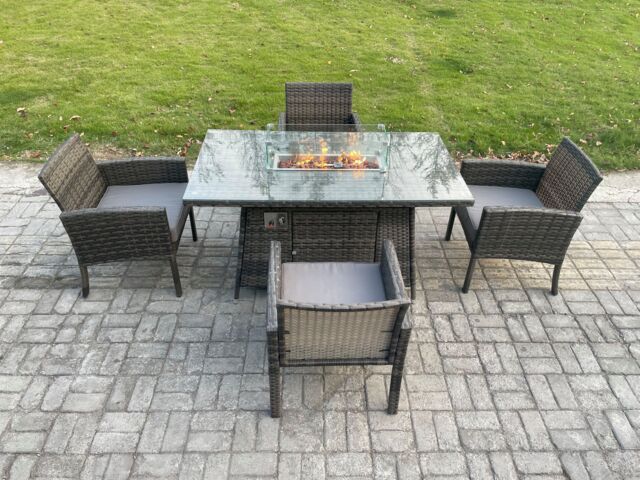 Fimous Outdoor Rattan Garden Furniture Set Gas Fire Pit Rectangular Table Sets Gas Heater with 4 Seater Dining Chairs Dark Grey Mixed - image 1