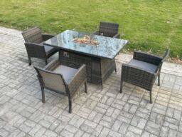 Fimous Outdoor Rattan Garden Furniture Set Gas Fire Pit Rectangular Table Sets Gas Heater with 4 Seater Dining Chairs Dark Grey Mixed - thumbnail 2
