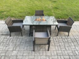Fimous Outdoor Rattan Garden Furniture Set Gas Fire Pit Rectangular Table Sets Gas Heater with 4 Seater Dining Chairs Dark Grey Mixed - thumbnail 1