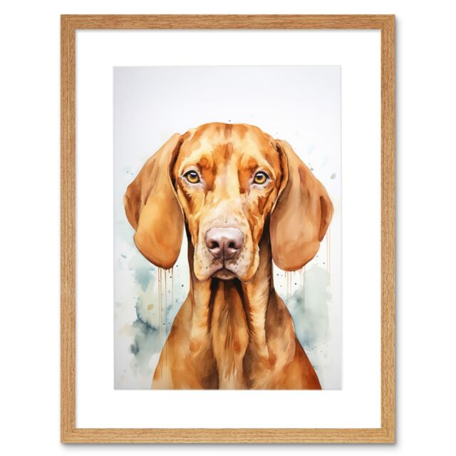 "Artery8 Wall Art Print Hungarian Vizsla Dog Soft Watercolour Artwork Golden Rust Teal Bright Portrait Artwork Framed 9X7 Inch - Size: W7"" x H9""" - image 1
