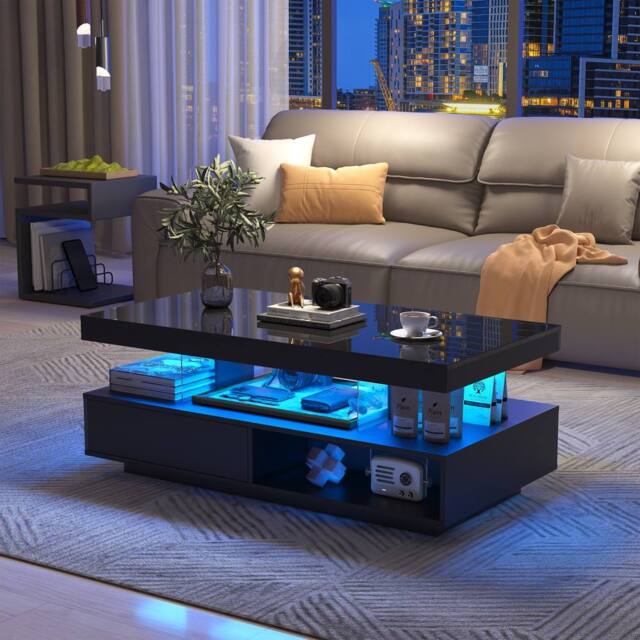 Merax Modern High Gloss LED Coffee Table, Centre Sofa Table with 2 Drawers in Black - image 1