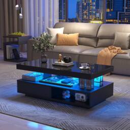 Merax Modern High Gloss LED Coffee Table, Centre Sofa Table with 2 Drawers in Black