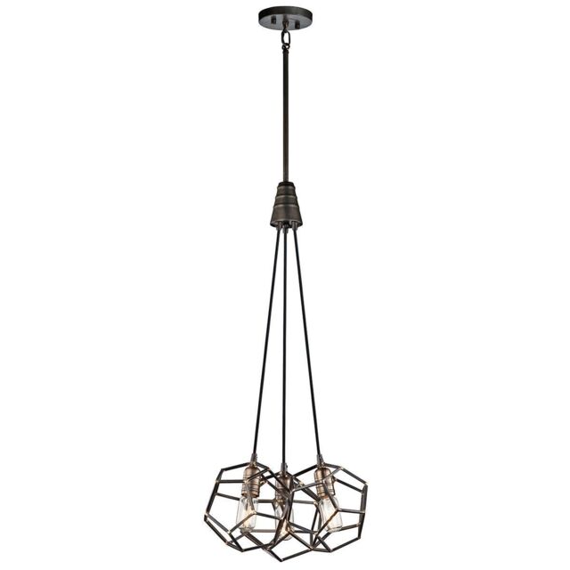 Loops 3 Bulb Chandelier Hanging Pendant LIght Raw Steel LED E27 100W Bulb in Metallics