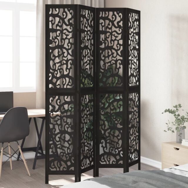 Berkfield Home Room Divider 4 Panels Black Solid Wood Paulownia - image 1