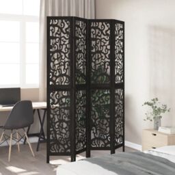 Berkfield Home Room Divider 4 Panels Black Solid Wood Paulownia - thumbnail 3