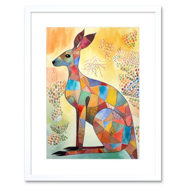 "Artery8 Wall Art Print Multicoloured Kangaroo Folk Art Watercolour Painting Artwork Framed 9X7 Inch in White - Size: W7"" x H9""" - image 1