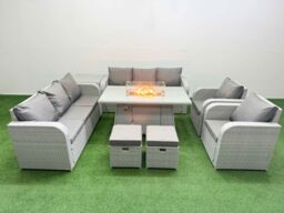 Fimous PE Rattan High Back Lounge Sofa Set Patio Firepit Dining Table & Chairs Set with 3 Seater Sofa Reclining Chair Stools Side Table Light Grey - thumbnail 1