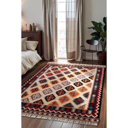 THE RUGS Kamal Kelim Rug - Rami Design Bordered Handwoven Wool Cotton 3 mm - Size: 120 cm x 170 cm - thumbnail 7