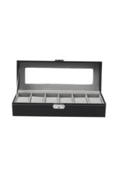ExtraStar 6 Slot Watch Display Box Faux Leather Glass Lid in Black - thumbnail 2