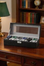 ExtraStar 6 Slot Watch Display Box Faux Leather Glass Lid in Black