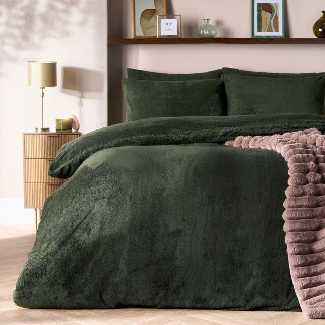 OHS Thermal Soft Teddy Fleece Duvet Cover Bedding Set in Green - Size: Double - image 1
