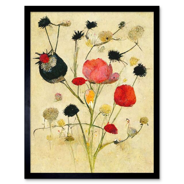 "Artery8 Wall Art Print Wild Flower Pastel & Ink Abstract Art Framed in Black - Size: W12"" x H16""" - image 1