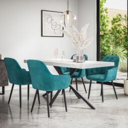 More4Homes Donni Dining Table & Chairs - White Marble Effect Table Top w Black Legs + Anika Velvet Dining Chair Set Of 6 in Blue