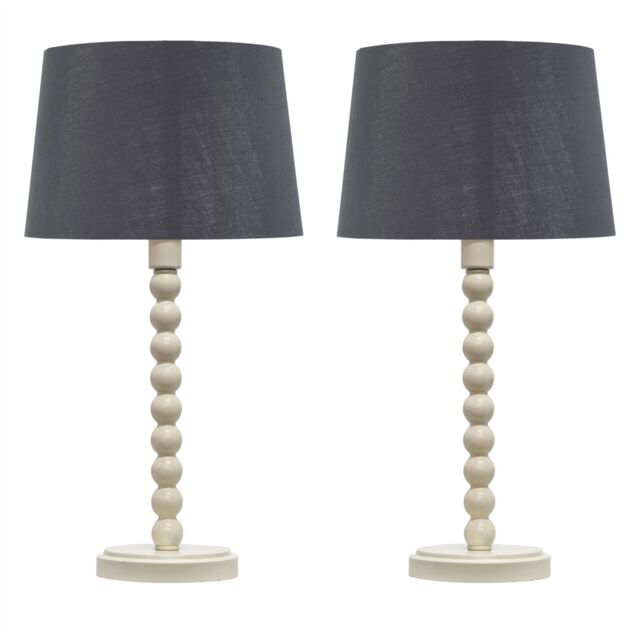 First Choice Lighting Set of 2 Bobbin - Ivory Lamps with Grey & Silver Shades in White - image 1
