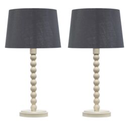 First Choice Lighting Set of 2 Bobbin - Ivory Lamps with Grey & Silver Shades in White - thumbnail 1