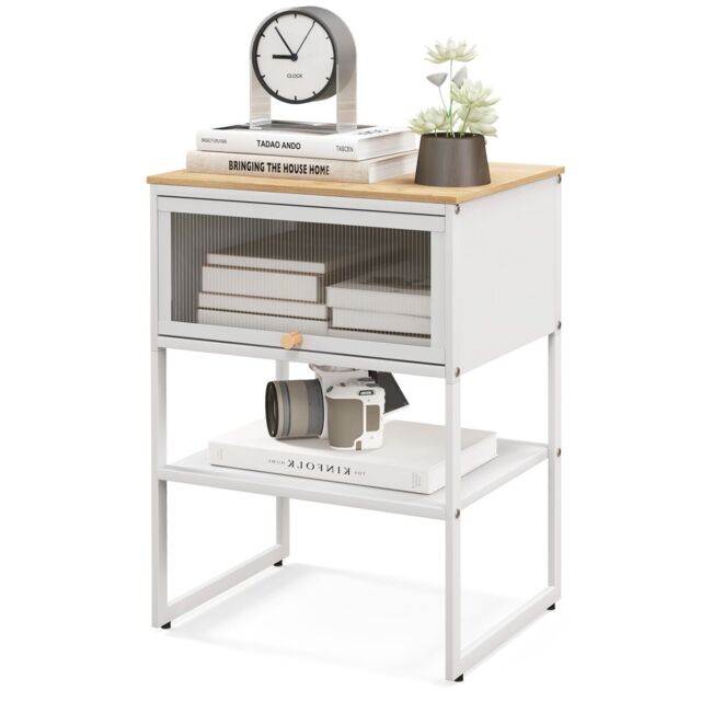 Costway 3-Tier Side Table Modern End Table Beside Sofa Nightstand with Flip up Door in White - image 1