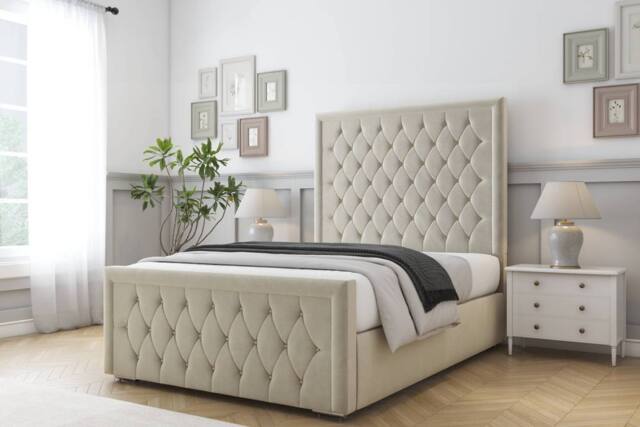 "Comfort Beds Hilton Plush Bed Frame - 50"" Upholstered Headboard in Cream - Size: King" - image 1