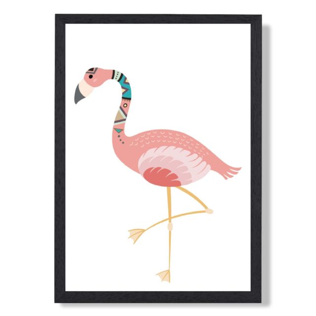 ARTZE Flamingo Tribal Animal Framed Print SIZE: A2 with Black Frame in Pink - image 1