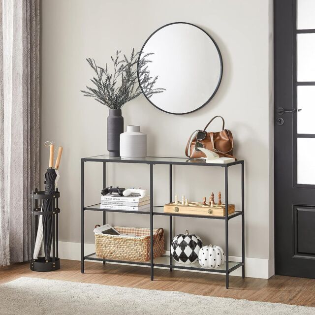 VASAGLE Console Coffee Table with 3 Glass Shelves Steel Frame Modern in Black - image 1